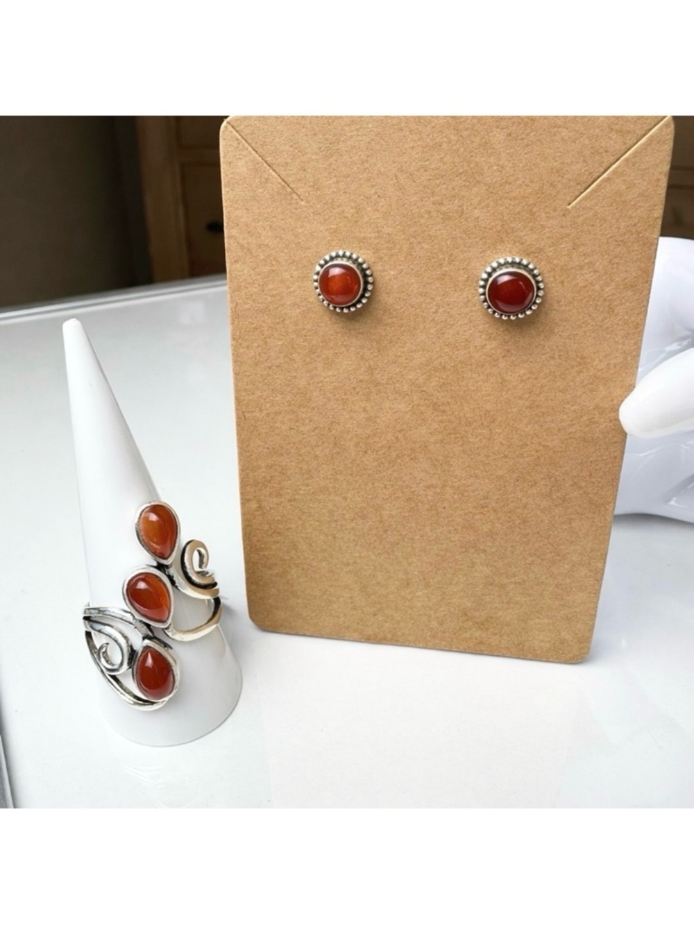 NEW .925 Sterling Silver Carnelian Ring & Stud Earrings Set Ring Size 10